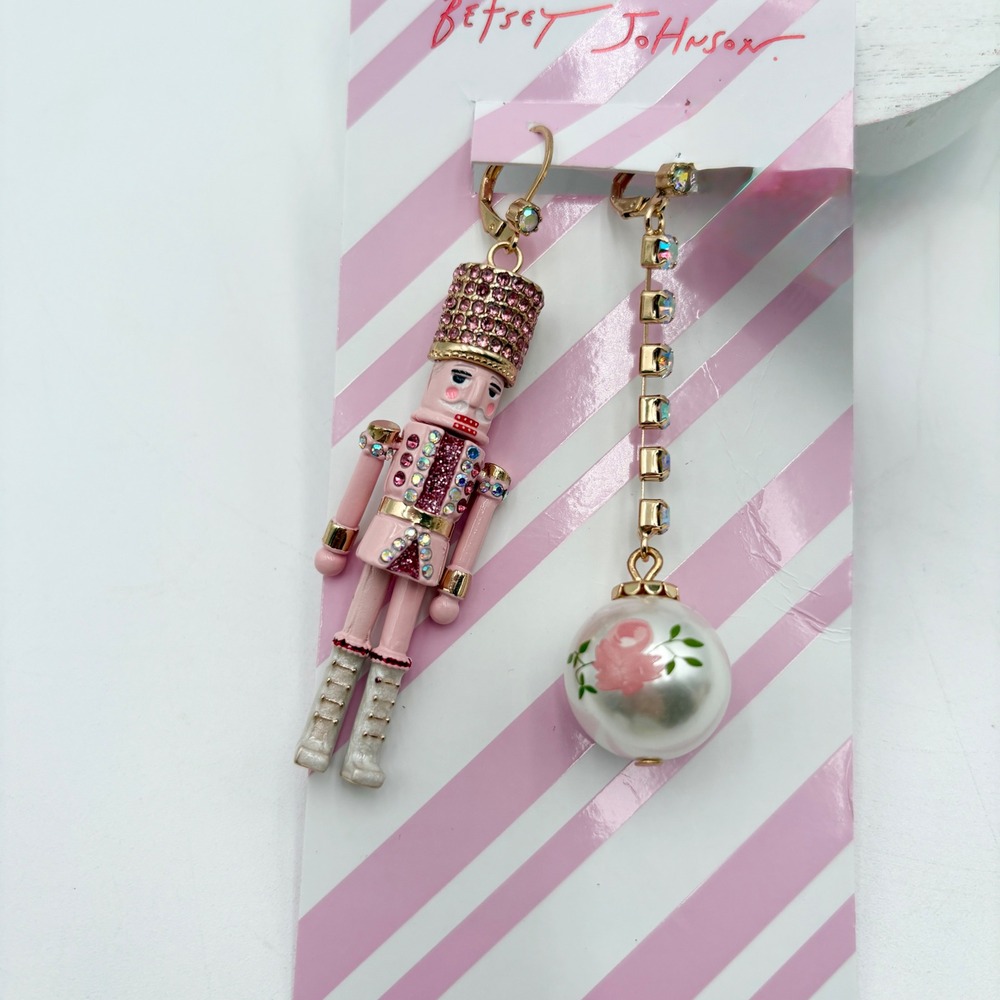 Betsey Johnson Pink Nutcracker Ornament Dangle Drop Earrings Crystal - Picture 3 of 3